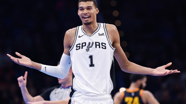 Nov 14, 2023; Oklahoma City, Oklahoma, USA; San Antonio Spurs center Victor Wembanyama (1) reacts after receiving a technical during the second quarter against the Oklahoma City Thunder at Paycom Center.